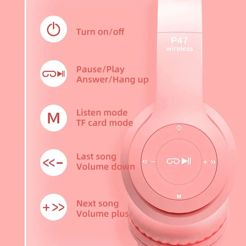Bluetooth Headphones P47M Foldable Wireless 5.0 Headphones Cat Ear for Smartphone Tablet