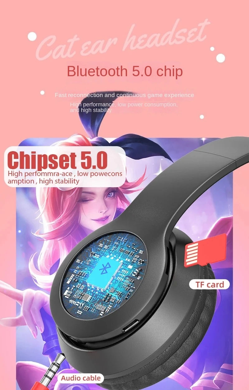 Bluetooth Headphones P47M Foldable Wireless 5.0 Headphones Cat Ear for Smartphone Tablet