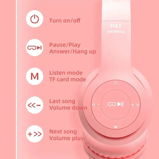 Bluetooth Headphones P47M Foldable Wireless 5.0 Headphones Cat Ear for Smartphone Tablet
