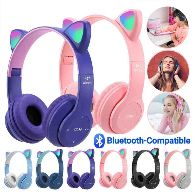 Bluetooth Headphones P47M Foldable Wireless 5.0 Headphones Cat Ear for Smartphone Tablet