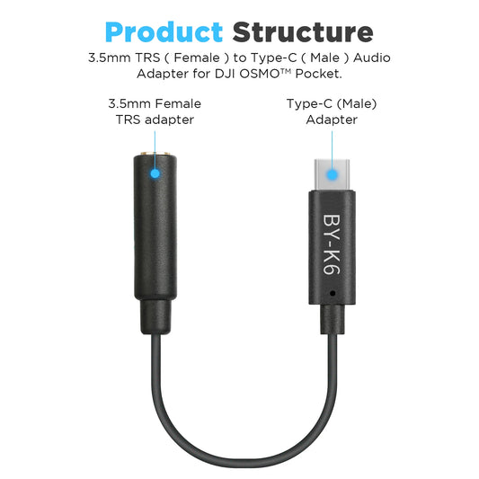 BOYA BY-K6 3.5mm TRS (Female) to Type-C Microphone Adapter Audio Adapter for DJI OSMO Pocket 1/2 External Adapter Recording